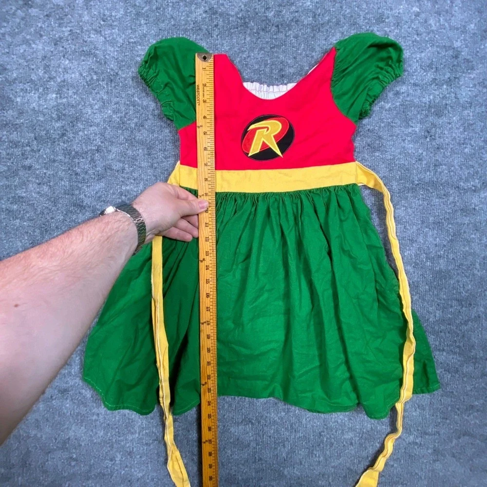 DC Comics Robin Superhero Dress Girls Red Green Yellow Logo Smocked Back